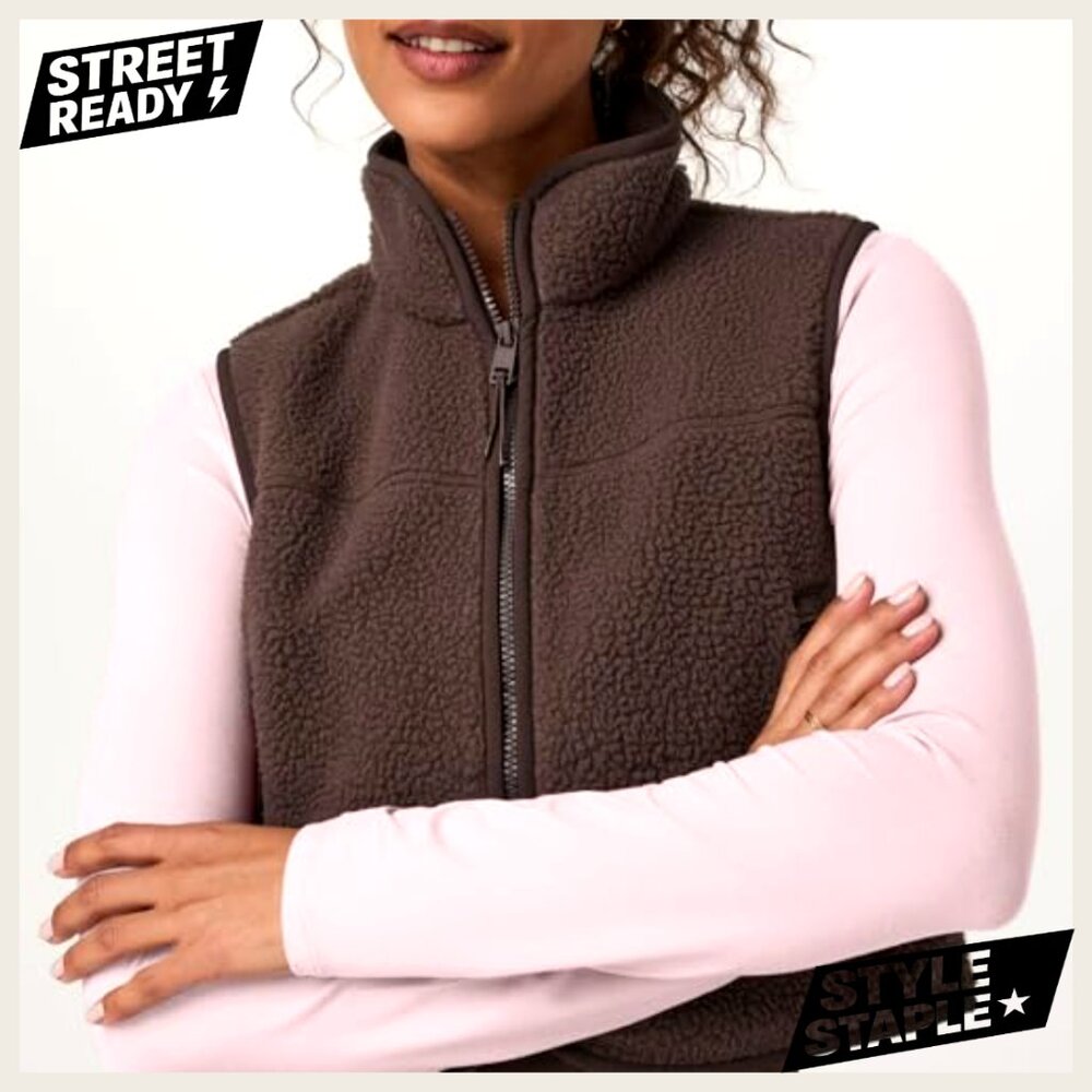 Cropped Sherpa Vest Sleeveless Zip Up Loose Fit Cozy Fall Winter Outerwear - Picture 5 of 7